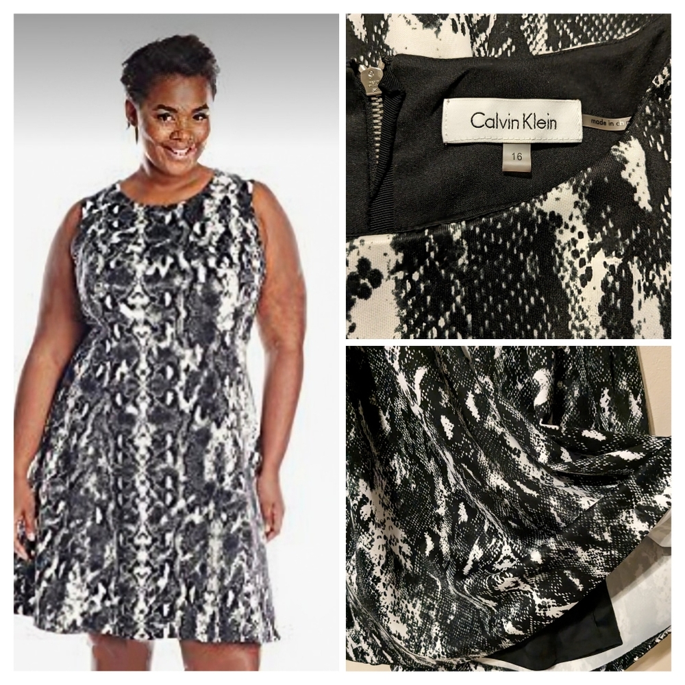 Calvin Klein, Black & White, Snakeskin Print, Scuba Dress, Side Pockets, Size 16